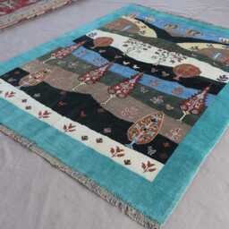 5x7 Tribal Gabbeh Rug Afghan Nomadic Rug, Trees Birds Pictorial Handmade Wool Veg Dyes Turquoise Blue Brown Beige, Living Room - thumbnail 2