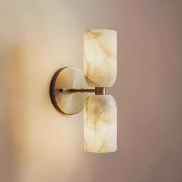Alabaster Wall Sconce, Double Light Brass Mid Century Modern Light, Natural Stone Bathroom Vanity Lamp - image 1