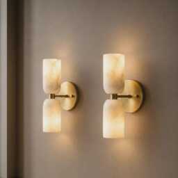 Alabaster Wall Sconce, Double Light Brass Mid Century Modern Light, Natural Stone Bathroom Vanity Lamp - thumbnail 2