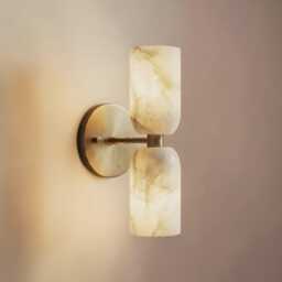 Alabaster Wall Sconce, Double Light Brass Mid Century Modern Light, Natural Stone Bathroom Vanity Lamp