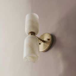 Alabaster Wall Sconce, Double Light Brass Mid Century Modern Light, Natural Stone Bathroom Vanity Lamp - thumbnail 3