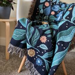 Floral Cotton Throw Blanket Botanical Woven Tapestry, Fringed Edge - thumbnail 3