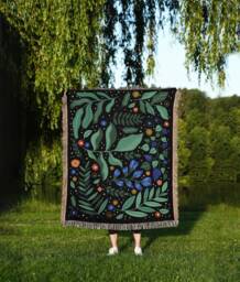 Floral Cotton Throw Blanket Botanical Woven Tapestry, Fringed Edge - thumbnail 1
