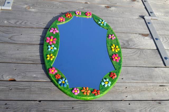Green Oval Mirror, 20 Flowers Mirror, Large Decorative Wall Paper-Mache Bright Green Furniture, 2 Positions Hanging Mirror - image 1