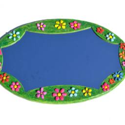 Green Oval Mirror, 20 Flowers Mirror, Large Decorative Wall Paper-Mache Bright Green Furniture, 2 Positions Hanging Mirror - thumbnail 3