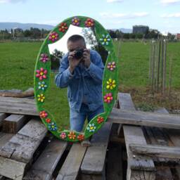 Green Oval Mirror, 20 Flowers Mirror, Large Decorative Wall Paper-Mache Bright Green Furniture, 2 Positions Hanging Mirror - thumbnail 2