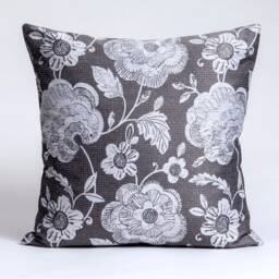 Gray Floral Pillow Cover, White Flower Design, Silk Back - thumbnail 1