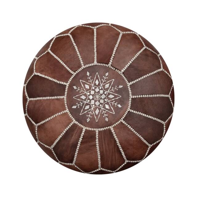 Artisanal Leather Pouf Moroccan - Handmade Delivered Stuffed Ottoman, Footstool, Floor Cushion - Wood Brown - image 1