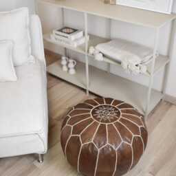 Artisanal Leather Pouf Moroccan - Handmade Delivered Stuffed Ottoman, Footstool, Floor Cushion - Wood Brown - thumbnail 3