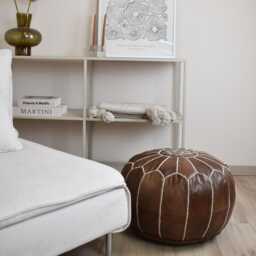 Artisanal Leather Pouf Moroccan - Handmade Delivered Stuffed Ottoman, Footstool, Floor Cushion - Wood Brown - thumbnail 4