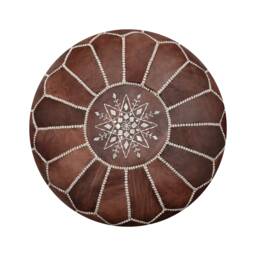 Artisanal Leather Pouf Moroccan - Handmade Delivered Stuffed Ottoman, Footstool, Floor Cushion - Wood Brown - thumbnail 1