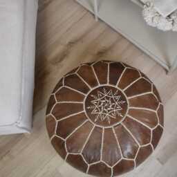 Artisanal Leather Pouf Moroccan - Handmade Delivered Stuffed Ottoman, Footstool, Floor Cushion - Wood Brown - thumbnail 2