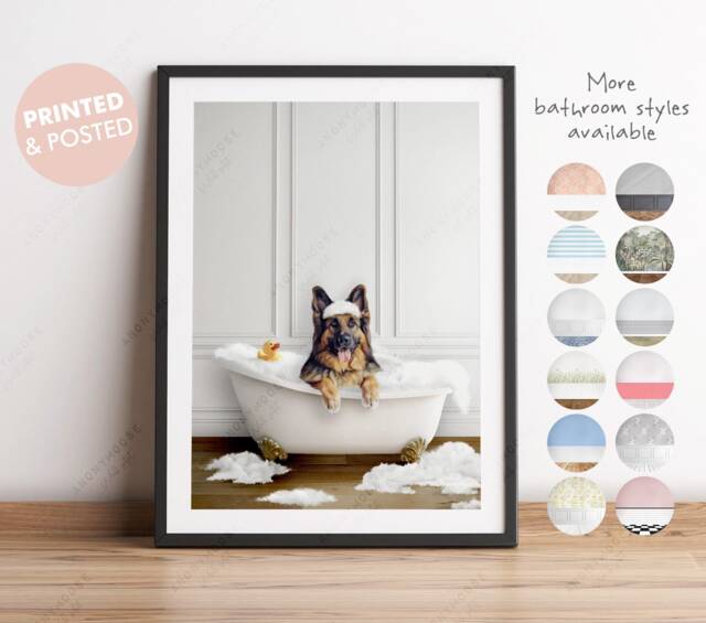 German Shepherd Dog in A Bath Print, Bathing, Funny Bathroom Animal Bathtub, Dog Tub Whimsy - image 1