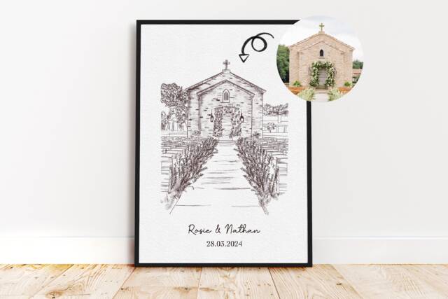 Personalised Wedding Venue Sketch - Custom Illustration From Photo With Names & Date Unique Gift Idea Anniversary - image 1