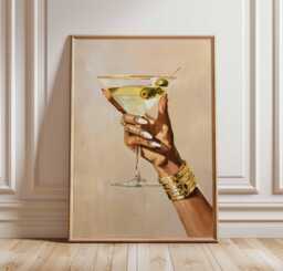 Chic Martini Glass Poster - Glam Wall Art With Hand Holding Cocktail, Fashion Bar Decor, Modern Champagne Print For Kitchen Or Lounge