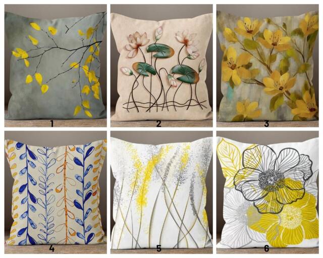 Yellow, Grey Floral Cushion Cover/Flower Throw Pillow Case/Modern Garden Cover/Digital Printed Housewarming Gift - image 1