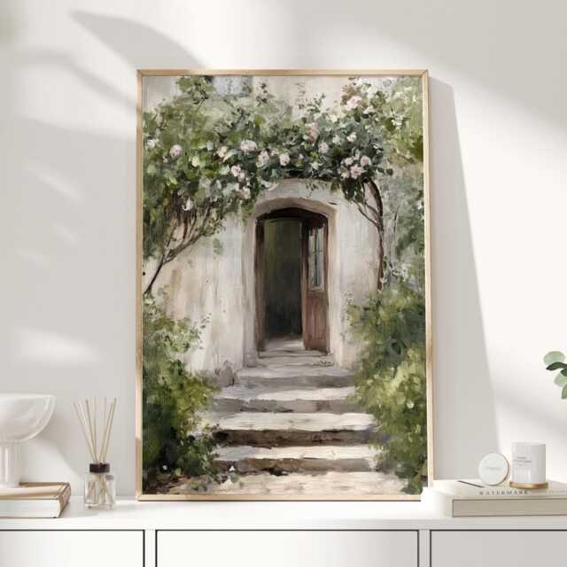 Cottage Doorway Print, Rustic Wall Art, Country House Painting, Vintage Style Garden Arch Poster - image 1