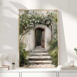 Cottage Doorway Print, Rustic Wall Art, Country House Painting, Vintage Style Garden Arch Poster - thumbnail 1