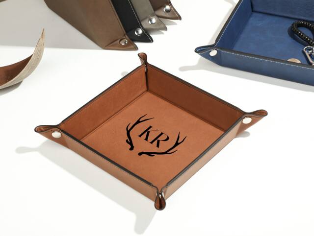 Personalized Leather Valet Tray For Men, Small Leather Trinket Trays, Engraved Tray, Foldable - image 1