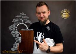 Large Metal Wire Bonsai Tree Sculpture Engraved Oak Base - thumbnail 1