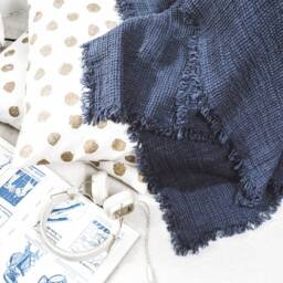 Woven Comfort Blue Linen Waffle Weave Blanket With Fringes - thumbnail 3