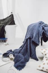 Woven Comfort Blue Linen Waffle Weave Blanket With Fringes - thumbnail 1