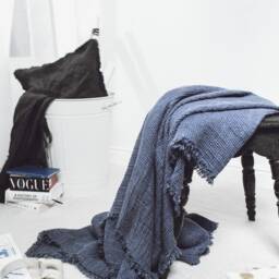 Woven Comfort Blue Linen Waffle Weave Blanket With Fringes - thumbnail 4