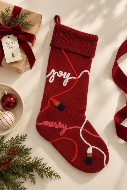 Hand Knit Burgundy Christmas Stocking, Lipstick Linework, Merino Wool Holiday Decor, Best in Show Collection - image 1