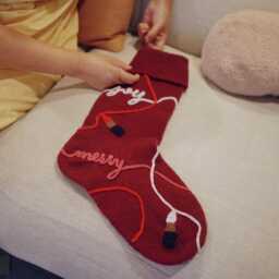Hand Knit Burgundy Christmas Stocking, Lipstick Linework, Merino Wool Holiday Decor, Best in Show Collection - thumbnail 2