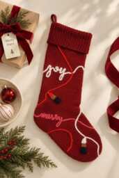 Hand Knit Burgundy Christmas Stocking, Lipstick Linework, Merino Wool Holiday Decor, Best in Show Collection