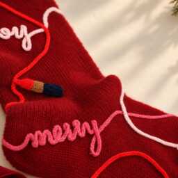 Hand Knit Burgundy Christmas Stocking, Lipstick Linework, Merino Wool Holiday Decor, Best in Show Collection - thumbnail 3