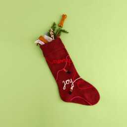 Hand Knit Burgundy Christmas Stocking, Lipstick Linework, Merino Wool Holiday Decor, Best in Show Collection - thumbnail 4