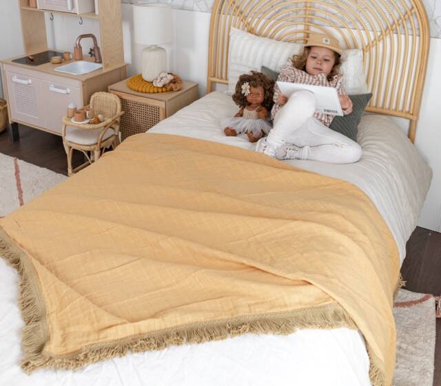 Organic Muslin Baby Swaddle Blanket Mustard Cotton Fringe - image 1