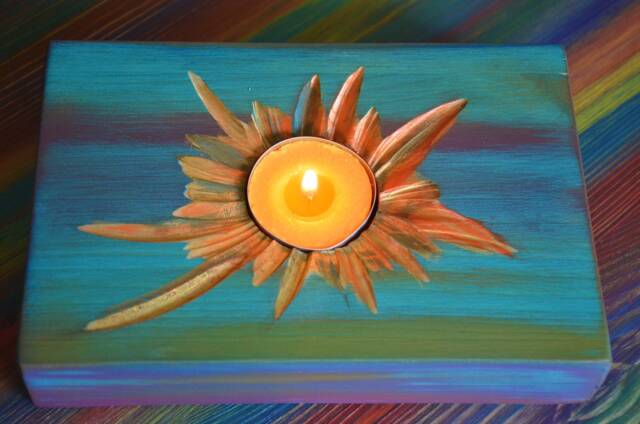 Wood Tealight Candle Holder Old Boat Style Multi Coloured Finish With Unique Coastal Cottage Carved Sunshine Centre Gold Highlighting - image 1
