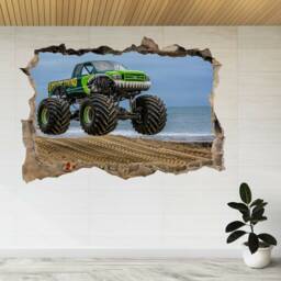 Airborne Monster Truck At Beach 3D Smashed View Wall Sticker Poster Decal A180