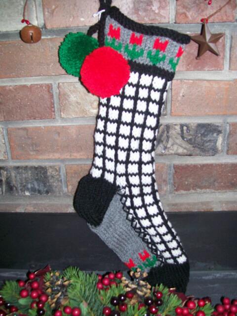 Hand Knit Christmas Stocking Black Gray White Window Pane Check Red Green Flower Detail By Santa's Works - image 1
