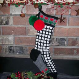 Hand Knit Christmas Stocking Black Gray White Window Pane Check Red Green Flower Detail By Santa's Works - thumbnail 2