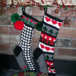 Hand Knit Christmas Stocking Black Gray White Window Pane Check Red Green Flower Detail By Santa's Works - thumbnail 3