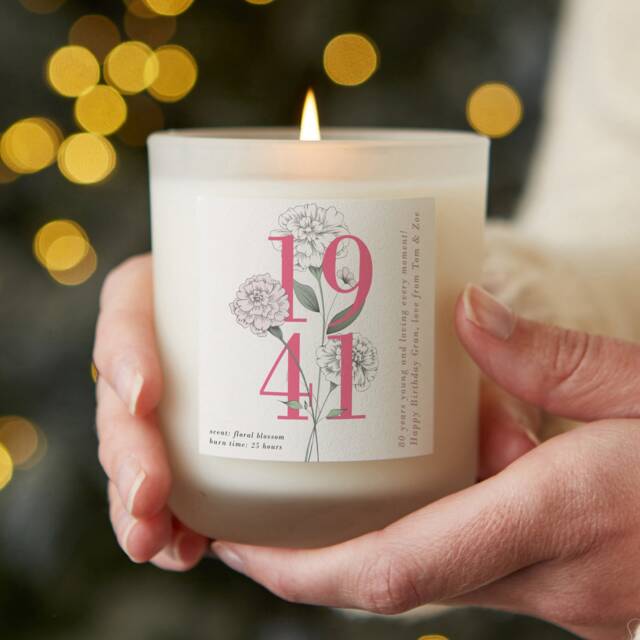 80Th Birthday Floral Candle, Personalised Birth Year Gift - image 1