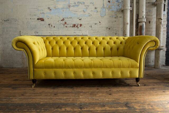 3 Seater Yellow Velvet Fabric Chesterfield Sofa, British Handmade - image 1