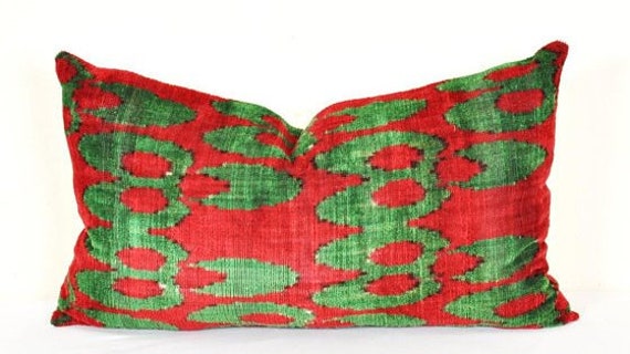 Red Green Velvet Ikat Pillow Cover, Decorative Cushion - image 1