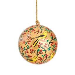 Gold Birds Papier-M??ch?? Christmas Tree Bauble Decoration - Floral Festive Ornament Yellow Red Green Berries Nature Garden Illustration Gift