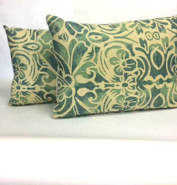 Bohemian Lumbar Pillow Vintage Hand-Printed Linen, Teal Blue Green - image 1