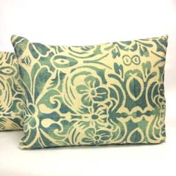 Bohemian Lumbar Pillow Vintage Hand-Printed Linen, Teal Blue Green - thumbnail 3