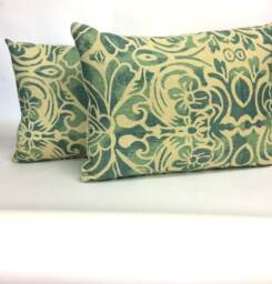 Bohemian Lumbar Pillow Vintage Hand-Printed Linen, Teal Blue Green - thumbnail 1