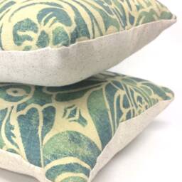 Bohemian Lumbar Pillow Vintage Hand-Printed Linen, Teal Blue Green - thumbnail 2