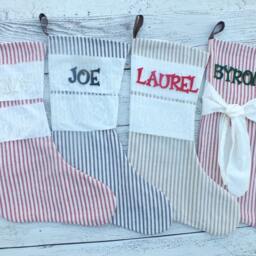 Set Of 2 Christmas Stockings Candycane Colors Personalized Names - Beautiful Ticking Fabric Red Stripes Like Candy Canes Mom & Dad Gifts - thumbnail 4