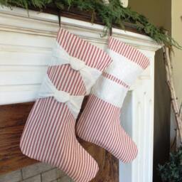 Set Of 2 Christmas Stockings Candycane Colors Personalized Names - Beautiful Ticking Fabric Red Stripes Like Candy Canes Mom & Dad Gifts - thumbnail 2