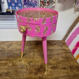 Hot Pink Tiger Round Bedside Table Gold Glitter Top . Fun Bright Home Decor Ideal For Nightstand Or Side Table. Comes With Inbuilt Drawer - thumbnail 3