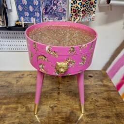 Hot Pink Tiger Round Bedside Table Gold Glitter Top . Fun Bright Home Decor Ideal For Nightstand Or Side Table. Comes With Inbuilt Drawer - thumbnail 4